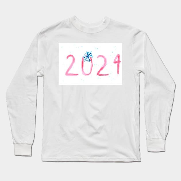 Watercolor text 2024 and snowflake, holiday art decoration, sketch. Illustration hand drawn modern Long Sleeve T-Shirt by grafinya